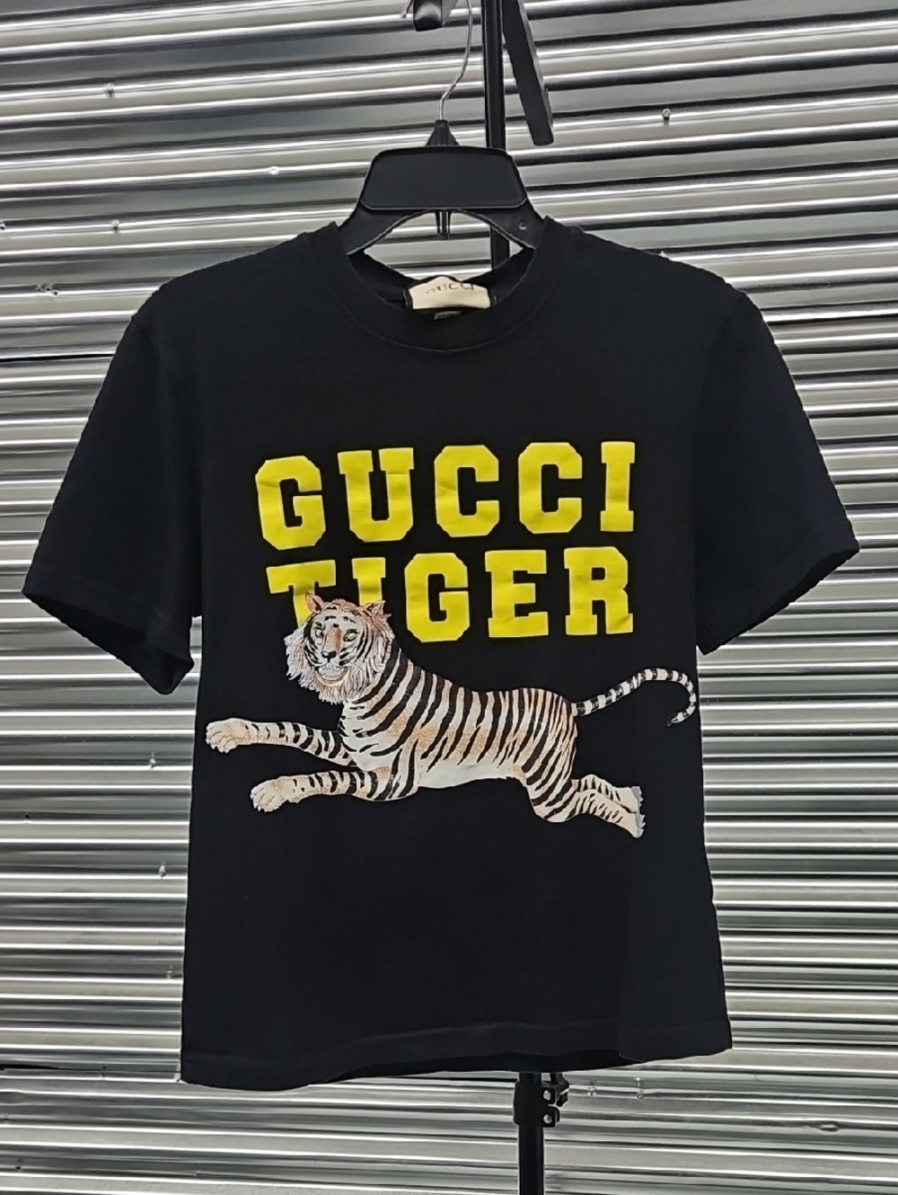 Gucci Black Tee with Yellow 'GUCCI TIGER' and Leaping Tiger Graphic